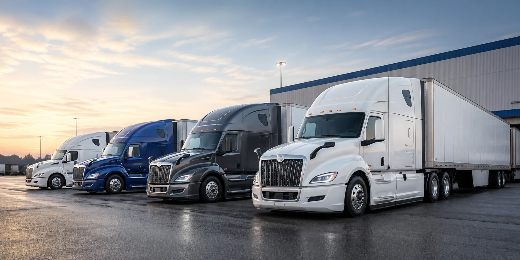 Modern over-the-road trucks at a transportation facility